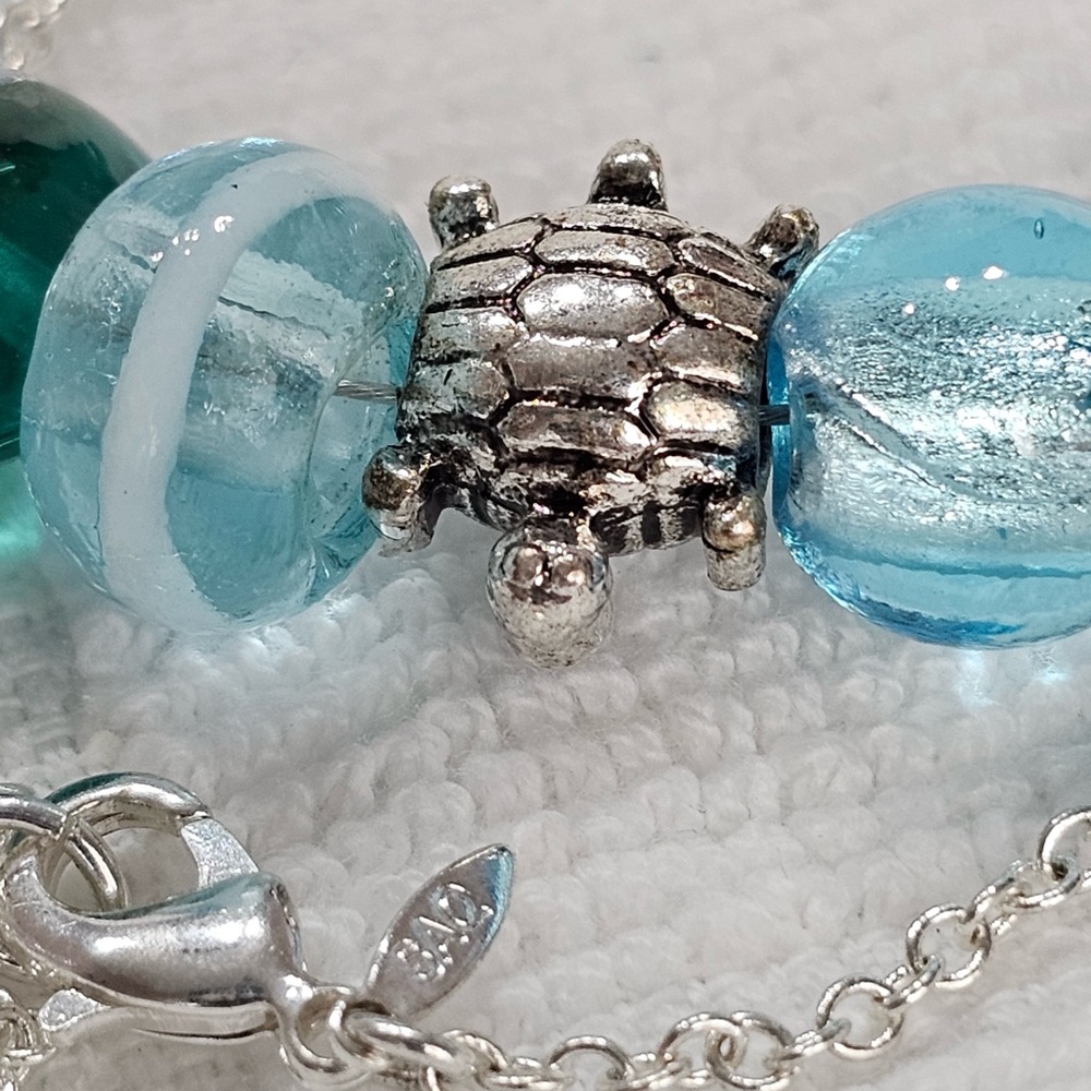 Silver and Blue Beaded Ocean Theme Blown Glass Vintage Necklace SAQ - Picture 9 of 14